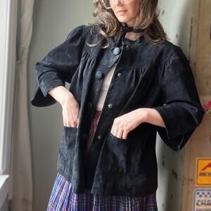 Vintage 90s Suede Jacket | Black Leather Swing Coat | Prairie Western | Size M